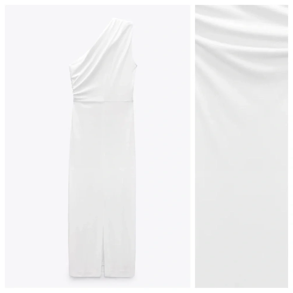 NWT. Zara White Knit Fabric Midi Dress with Asymmetric Neckline. Size XL - Picture 7 of 10